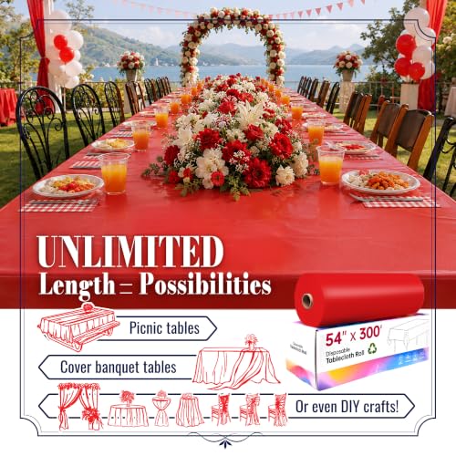 Image of Disposable Tablecloth Roll, 54In x 300Ft Red Plastic Table Cloth Disposable