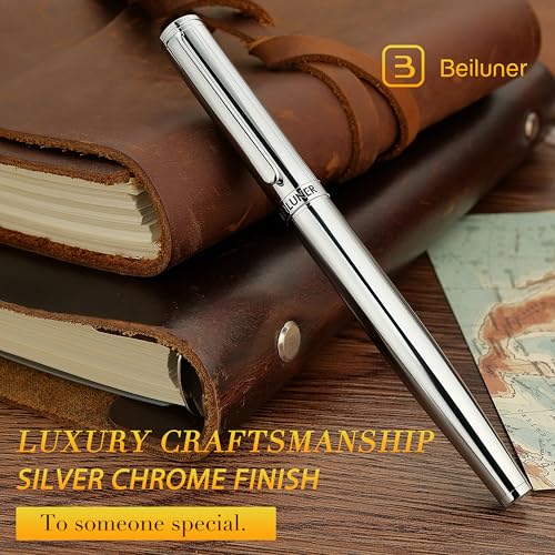 Image of BEILUNER Silver Fountain Pen,Stunning Luxury Pens with Bright Silver Chrome, Gorgeous 24K Gilded Nib(Medium), Fancy Pen Gift for Men&Women -Ink Converter-Elegant, Office,Nice Pen for Writing
