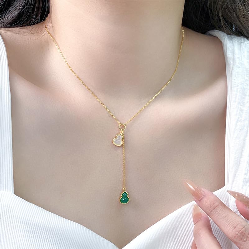 14K Gold Green and White Gourd Jade Pendant, Lucky and Prosperous Necklace, Charming Gift for Her3