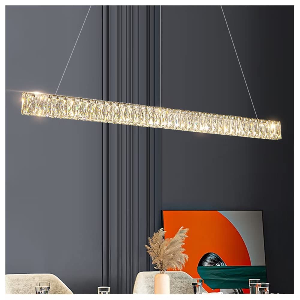 KXEcoLife Modern LED Crystal Pendant Light Linear Dimmable Chandelier, Kitchen Island Contemporary Dinning Table Fixture with Remote Control, for Living Room Bedroom,120cm
