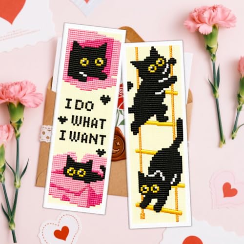 Image of ACRNIGHEET 6PCS Cross Stitch Bookmark Kit for Beginner Stamped Cross Stitch Kits for Adults Naughty Black Cat DIY Tassel Embroidery Bookmark Kits Needlepoint Kit with Instructions Gift 8.5''x3'' 11CT