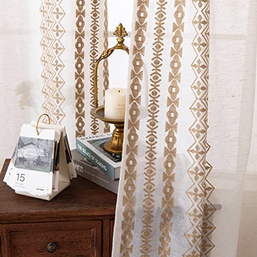 Boho Curtains For Bedroom Living Room Farmhouse Linen Curtains 84 Inches Long Beige Striped Embroidered Curtains 2 Panels Grommet Semi Sheer Neutral Bohemian Window Curtains Drapes, 52X84 Taupe #TOP3