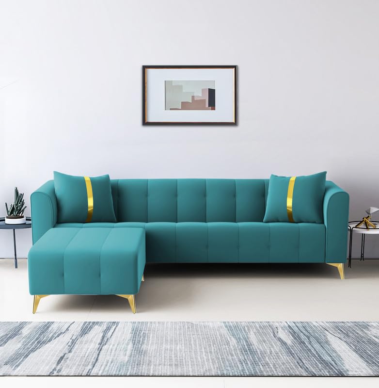 Image of Adorn India Premium Mystic - 3 Years Warranty - L Shape 5 Seater Sofa Set Velvet Suede Fabric - Aqua Blue