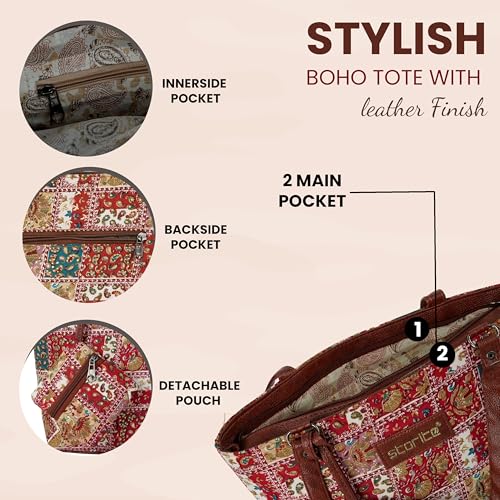 Image of Storite Women's Tote Bag with Leather Handles & Embroidery Printed Handbag with Zip Pockets, Shoulder Tote Bag and Handbag for Office and College