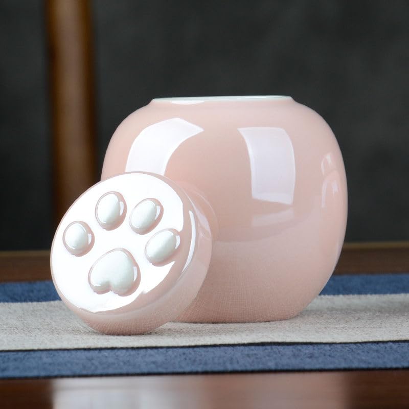 kychenBase Mini Pet Cremation Urn for Cats & Dogs - Portable Pink Ceramic Sealed Jar, Non-Woven Moisture-Proof Seal, for Memorials, Funerals, Honoring, 11.8oz (350ml) Capacity, Paw-Print Lid — image 1