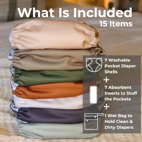 Image of Nora's Nursery Adjustable AWJ Cloth Diapers | 7 Pack | Waterproof | Washable Reusable Design | One Size Adjustable | 7 Pack With 1 Wet Bag | For Newborns And Toddlers | Down To Earth