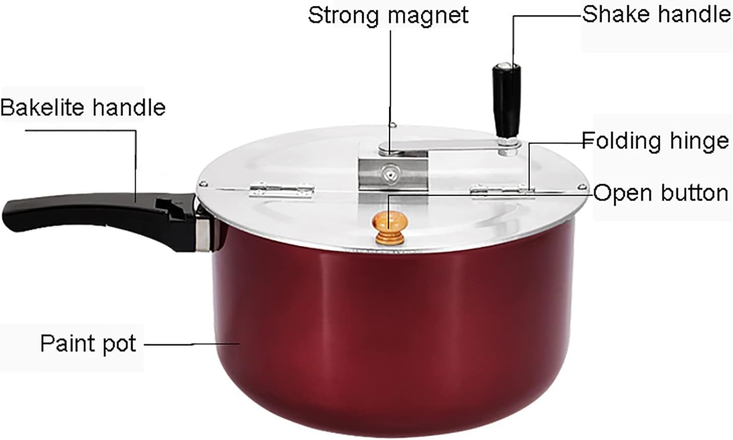 Máquina de palomitas de maíz para el hogar, olla de palomitas de maíz antiadherente de manivela a mano con mango antiquemaduras, tapa extraíble, varilla de agitación gruesa, cocina de inducción