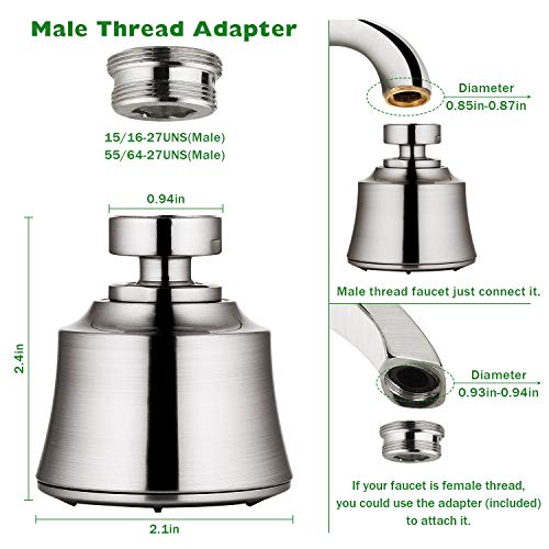 Kitchen Sink Faucet Aerator - 360°Rotatable Faucet Sprayer Head Replacement, Water Saving Swivel Aerator With 4 Spray Models, 55/64 Inch-27Uns Female Thread - Brushed Nickel #TOP1