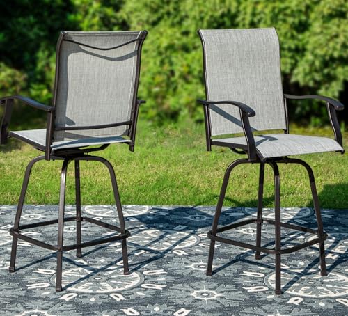 Image of PHI VILLA Outdoor Swivel Patio Bar Stools Set of 2, 30 Inch Bar Height Tall Patio Chairs with Back & Armrest, Durable Textilene Fabric in Grey for Deck Lawn Garden
