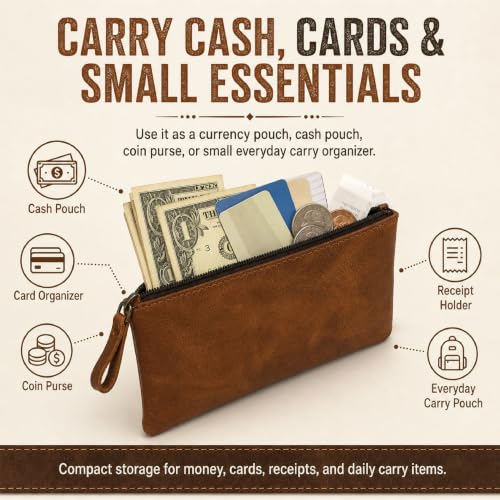 Image of Leather Pencil Pouch Money Bag, Tan | Currency Pouch, Zippered Pouch, Pen and Marker Case, For Artists & Professionals