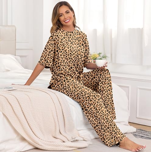 Image of PrinStory Womens Pajamas Sets 2 Piece Lounge Set Short Sleeve Tops and Long Pants Soft Pjs Loungewear with Pockets