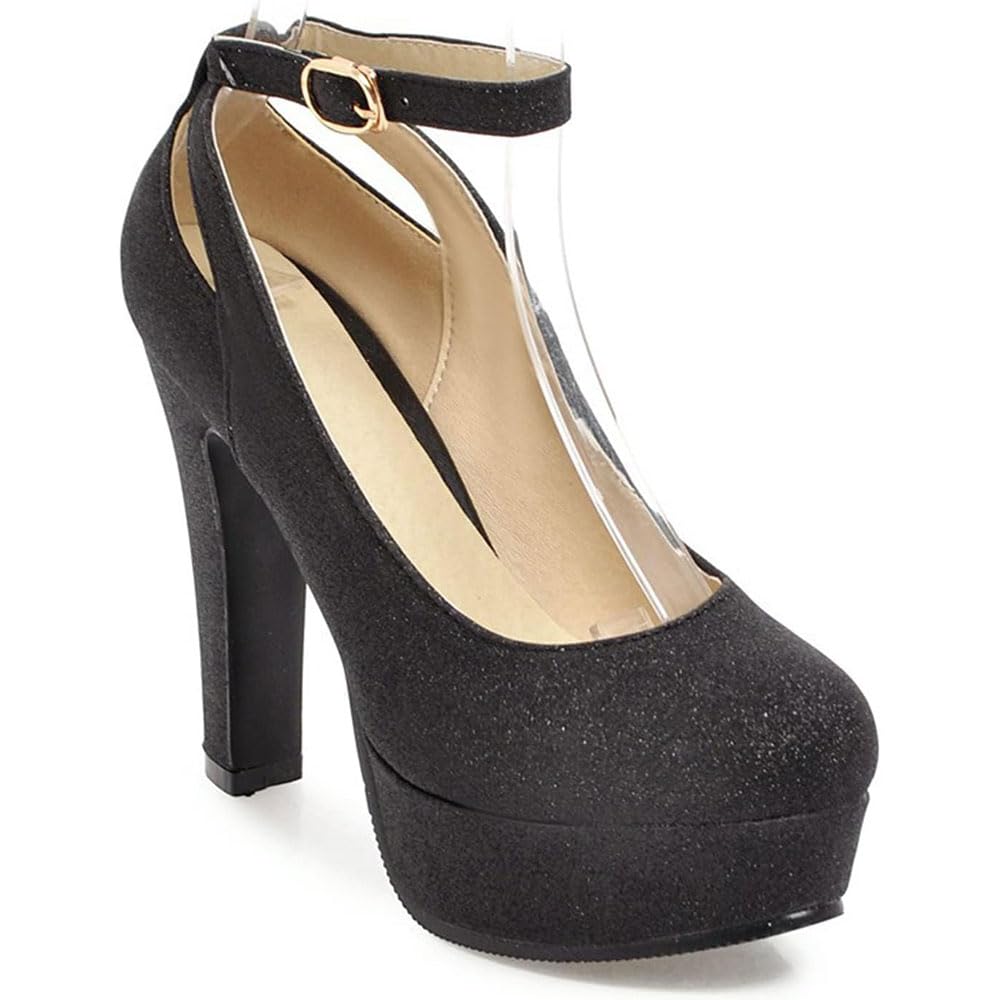 Scarpe da donna con plateau e tacco grosso Décolleté con paillettes Cinturino alla caviglia Punta tonda Tacchi alti Moda Matrimonio Serata Night Club Scarpe da festa pelle/H/34EU