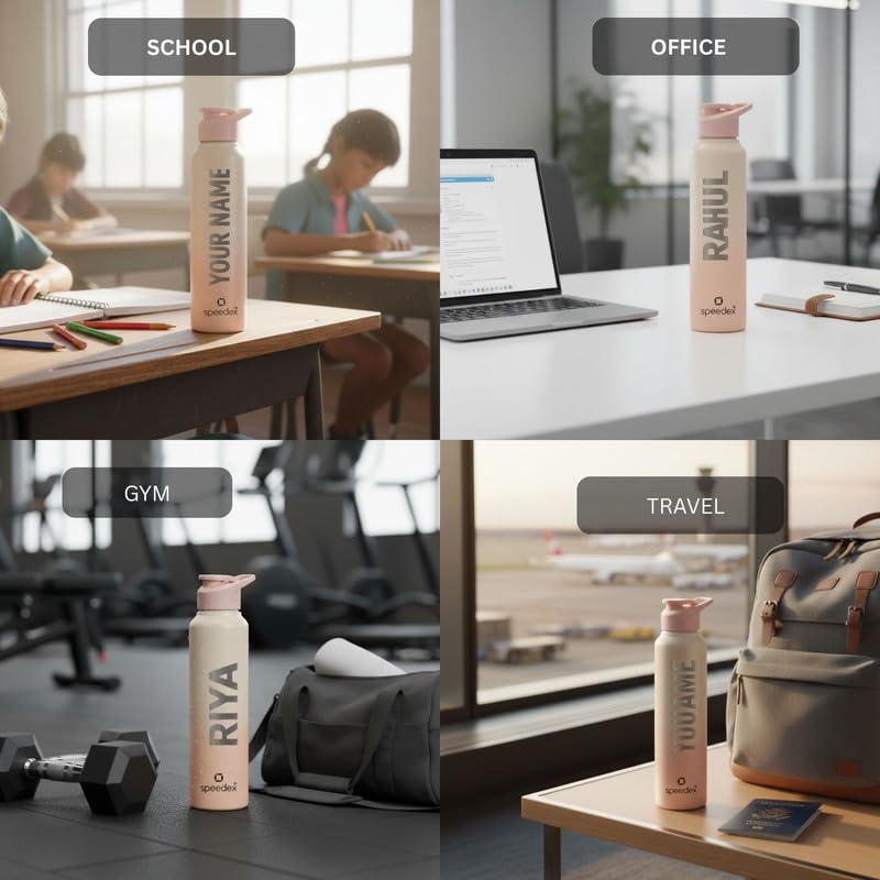 Image of Speedex Engraved Name Stainless Steel Sipper Water Bottle 1 Ltr - Customised Personalised Bottle for Kids & Adults, School, Gym, Sports, Peach Orange, Set of 1