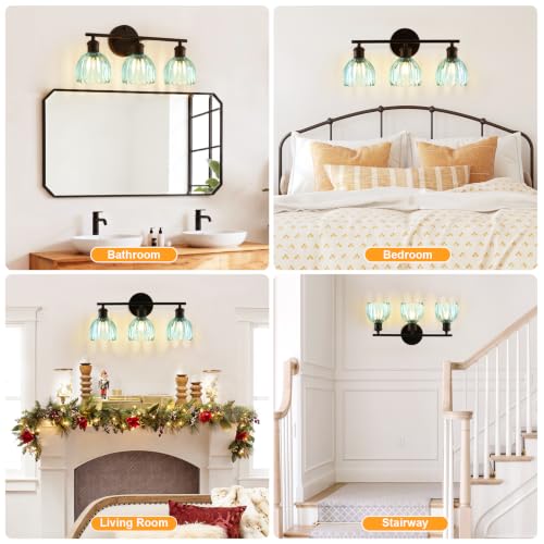 Image of Bathroom Light Fixtures, 3-Light Brushed Black Vanity Lights for Bathroom with Blue Tulip Glass Shade, 20 inch Vintage Bathroom Vanity Lighting Fixtures Over Mirror for Bedroom Living Room Hallway