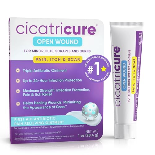 Cicatricure Triple Antibiotic Ointment with Pain Relief, Bacitracin Antibiotic Ointment & Cream for Wound Care, Healing Ointment for Cuts, Burns, Insect Bites, First Aid Supplies Essential, 1 oz