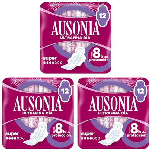 Ausonia Ultrafina Compresas con Alas, Super, 12 Unidades, Hasta 8 Horas de Protección (Paquete de 3)