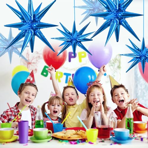 Image of TONIFUL 8 Pcs Explosion Star Balloons Blue Foil Balloon Party Decorations | 2 Size Mylar Star Balloon for Blue Party Decoration Christmas New Year Mens Birthday Wedding Baby Shower Photo Booth Supplies