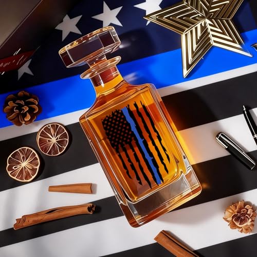 Image of PONPUR Police Officer Gifts for Men, Blue Line Tattered Flag Whiskey Decanter Set with Stones & Glasses, Cool Gifts for Policeman, Retirement & Law Enforcement, Police Academy Graduation Gift