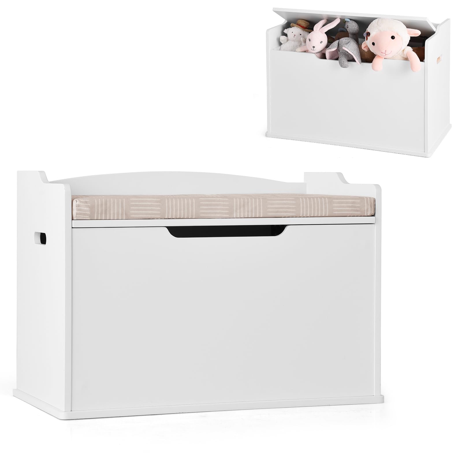 DREAMADE Spielzeugkiste mit Deckel, Kinderbank mit Kissen, Spielzeugtruhe Kindertruhe, Aufbewahrungsbox Kinder 74 x 39 x 52 cm für Kinderzimmer Spielzimmer (Weiß)