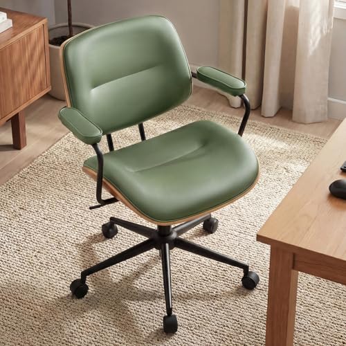 Image of Mid Century Modern Office Chair with Adjustable Backrest, Wooden Desk Chair with Armrests, Swivel Height Adjustable Home Office Chair, Comfortable Task Chair for Home Office, Green