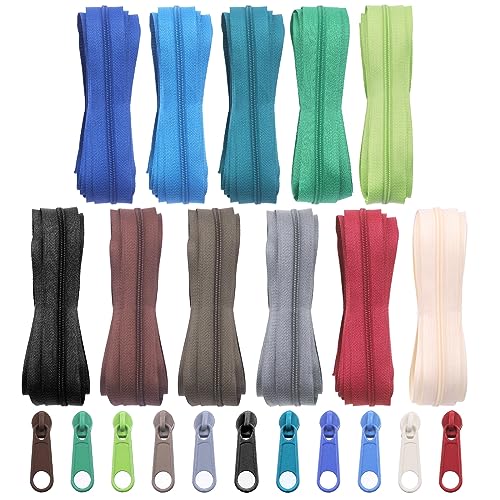Swpeet Juego de 121 unidades, 11 unidades, 11 colores, #3, bobinas de nailon, cremalleras de costura, variadas, ligeras, adaptables, con 110 unidades, cremallera de 3 yardas, un rollo