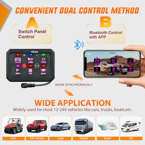 Image of Nilight 6 Gang Switch Panel APP RGB 12V 24V Circuit Control System 4-Mode | w /Power Source Switch APP Control Automatic Dimmable Toggle /Momentary /Strobe /Flash for Car Pickup Truck Camper SUV