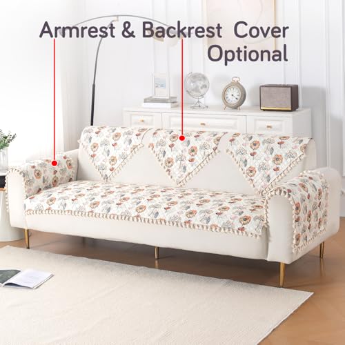 Image of HOKIPO Wildflower Breeze Quilted Sofa Cover Mat for 3 Seater Sofa with Tassels 'Tassel Twigs' Series (IN-985-T7)