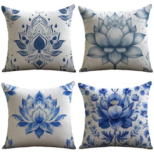 Cuscini Esterno Impermeabili Loto Federe Cuscini Divano 70x70 Set di 4 Copricuscini Divano Blu Fodere cuscino con Cerniera Invisibile per Soggiorno Letto Esterno Giardino Autunno Decorativi JL-606