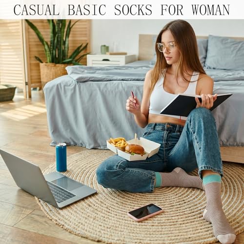 Image of Jspupifip Womens Strip Crew Socks 6 Pairs Cotton Casual Athletic Socks Cute College Style Ribbed Colorful Crew Sock