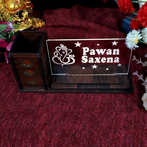 Image of Desk Organizer with LED Name Lamp | Customized Gift for Men, Women, Teachers, Doctors, Dad, Husband | Pen Holder, Table Lamp | Personalized Birthday Gift | Office Organizer - Large Plate