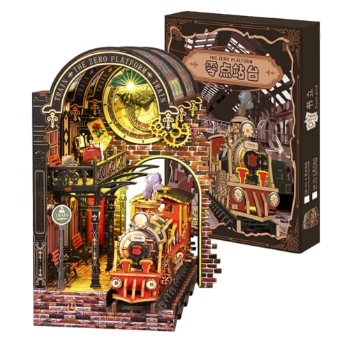 Cjeuxnr DIY Book Nook Kit, 3D Puzzle Miniature Train Station Bookshelf Insert, Christmas Theme...