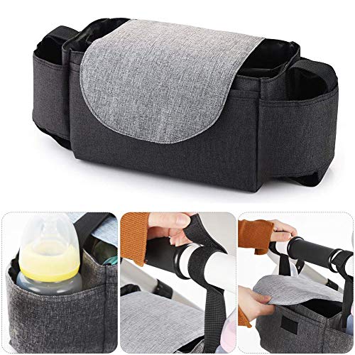 Baby Buggy Organiser Baby Pushchair Pram Cup Holder Bags Mummy Bag Universal Organiser with 2 Bottle Holders Pockets (Black)