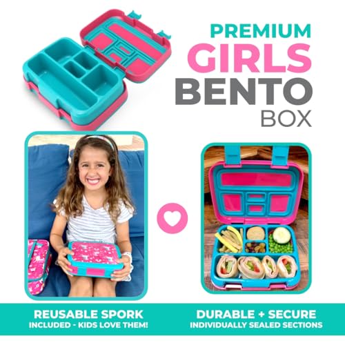 Image of kinsho Unicorn Bento Lunch Box for Girls Toddlers, 5 Portion Control Sections, BPA Free Removable Plastic Tray, Pre-School Kid Toddler Girl Daycare Lunches, Snack Container Ages 3 to 7 Pink Unicorns
