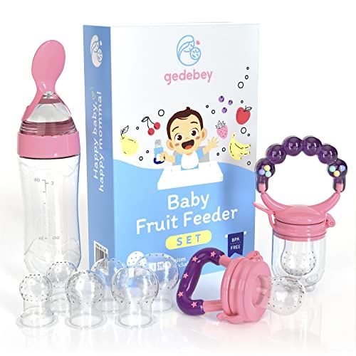 Gedebey Baby Fruit Feeder Pacifier – 3 Pack | 2 Silicone Baby Feeder Pacifiers & 1 Baby Feeding Spoon | Frozen Fruit Teether | Forage Feeder | Food Pacifier for Babies | Baby Food Spoon (Pink)