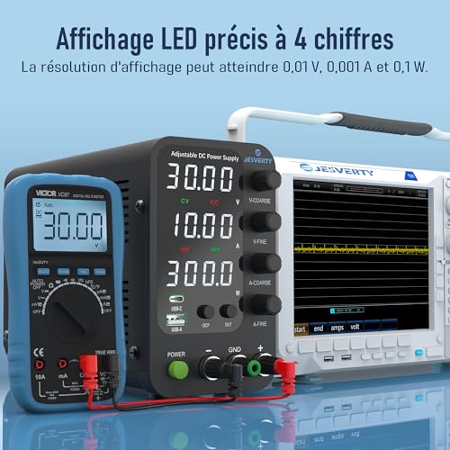 Alimentation CC variable, 0~32V 0~10A commutation réglable, alimentation régulée CC avec charge rapide USB et type-C, bouton d'encodeur, interrupteur marche/arrêt de sortie, affichage LED à 4 chiffres – vue 5