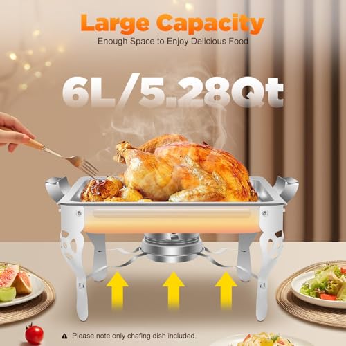 Plato de roce, calentador de alimentos de acero inoxidable con tapas y soportes de combustible, utensilios de servir buffet de 6 L para catering, fiestas, bodas