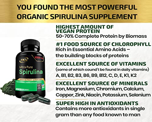 Hcl Herbal Code Labs SPIRULINA888 Organic Spirulina Powder Capsules 3000 Mg - Purest Non-Irradiated Blue Green Algae - Best Raw Vegan Protein thumb #3