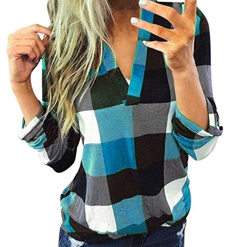 Aunimeifly Female Plaid T-Shirts Casual V-Neck Blouse Ladies Long Sleeve Tops Women's Lapel Neck Shirt Baggy Top(L,Sky Blue)