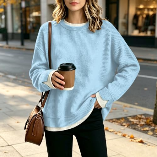 Crew Neck Oversized Sweatshirt for Women Waffle Long Sleeve Sweatshirts - image 6