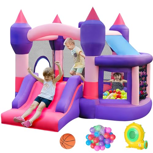 Inflatable Bounce House,Jumping Castle Kids with Basketball Hoop,Ocean Balls and Storage Bag, 480W Blower Kids Backyard Bouncy House, for Kids 3-8