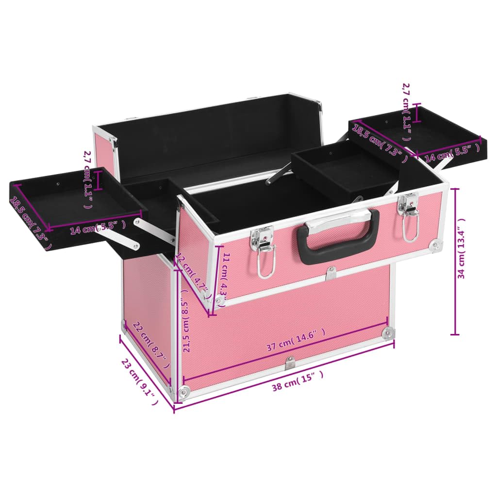 Mangloder Kosmetikkoffer 38x23x34 cm Rosa Aluminium mit ausziehbarem Oberteil, Fächern, Tragegriff, abschließbar, ideal für Reisen, Beauty, Pflege und Organisation im Badezimmer