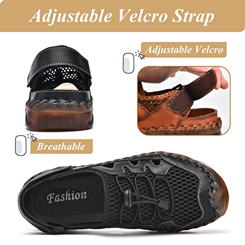 Qiucdzi Mens Closed Toe Sandals, Sport Sandals Casual Leather Handmade Sandals Adjustable Fisherman Beach Sandals For Outdoor Walking Driving4