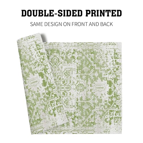 Image of Gray Lime Green Boho Placemats Set of 4 Ethnic Bohemian Carpet Place Mats Washable Kitchen Dining Vintage Grey Geography Floral Linen Table Mats Stain Heat-Resistant for Home Party Indoor 12x18 in