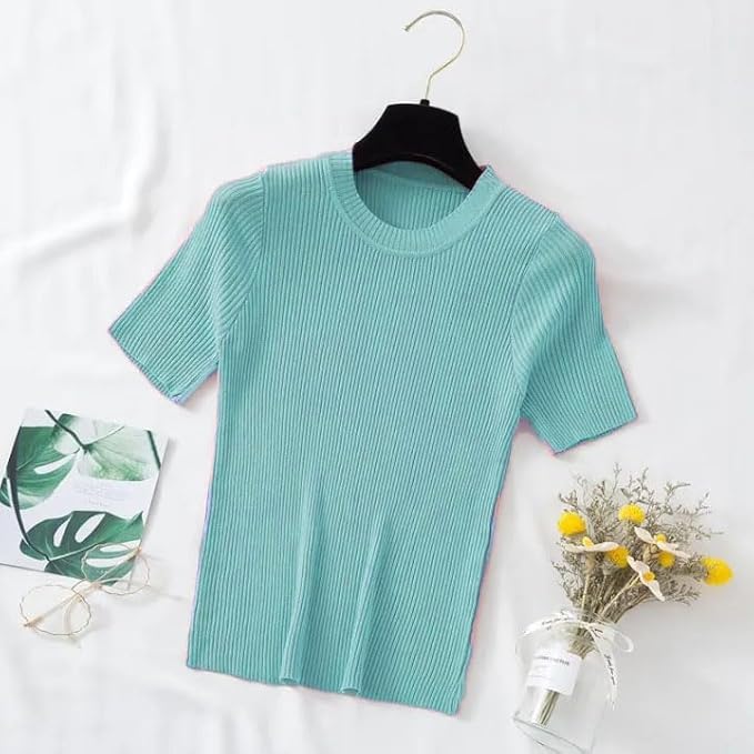 Image of Typical Fashion Women's Ribbed Knit Slim Fit Top - Short Sleeve, Round Neck, Stretchable Stylish T-Shirt for Casual & Formal Wear