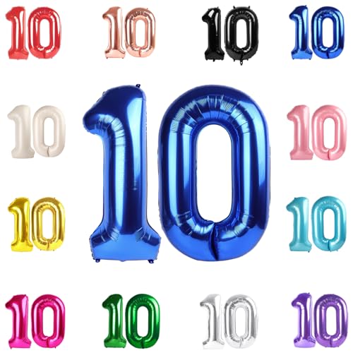 Image of 10 Balloon Number, Metallic Blue Number 10th Birthday Balloons 40 Inch, 10 Years Old Metallic Blue Birthday Decorations for Boys Girls, 10th Anniversary Decorations