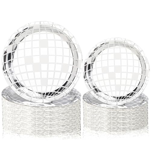 miikoul 50 Pcs Disco Paper Plates Silver Foil Disposable Plates 70s Disco Party Supplies Bachelorette Plates Disco Ball Dessert Dinner Plates for Birthday 70s Disco Party Wedding(7 9) Small
