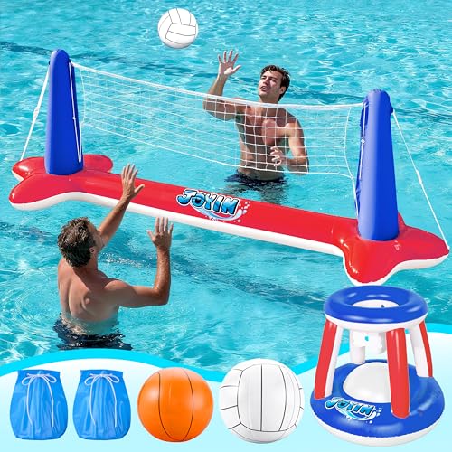 JOYIN Inflatable Pool Float Set Volleyball Net & Basketball Hoops, Balls Included for Kids and Adults Swimming Game Toy, Summer Floaties, Volleyball Court |Basketball,L-Red