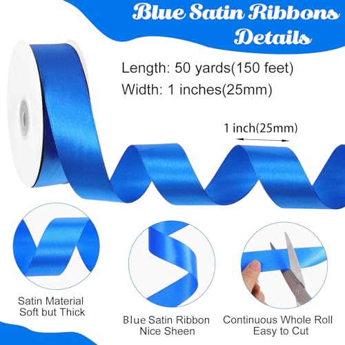 Image of woric Royal Blue Ribbon 1 inch 50 Yards Patriotic Satin Ribbon for Sports Team Back to School Graduation Leis Bows Crafts Gift Wrapping Flower Bouquet Baby Shower 4th of July Decorations