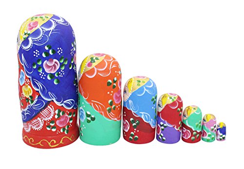 Set Of 7 Pieces Beautiful Lovely Wood Red Flower Girl With Blue Scarf Traditonal Russian Nesting Dolls Matryoshka Wishing Dolls Toy Gift Home Room Decoration #TOP2