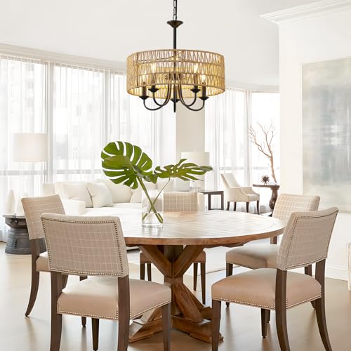Webfkh 7057-5BK Modern Farmhouse Rattan Chandelier,5-Lights Large Boho Pendant Light Fixtures Ceiling thumb #2